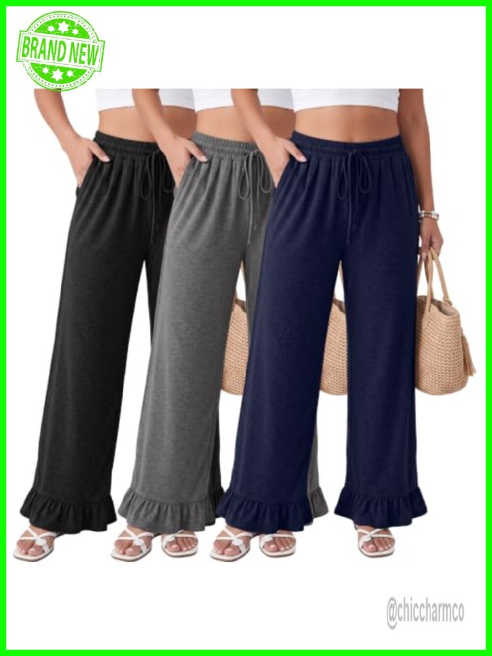 Women's Wide Leg Palazzo Pants Ruffle Hem Drawstring 3 Pack